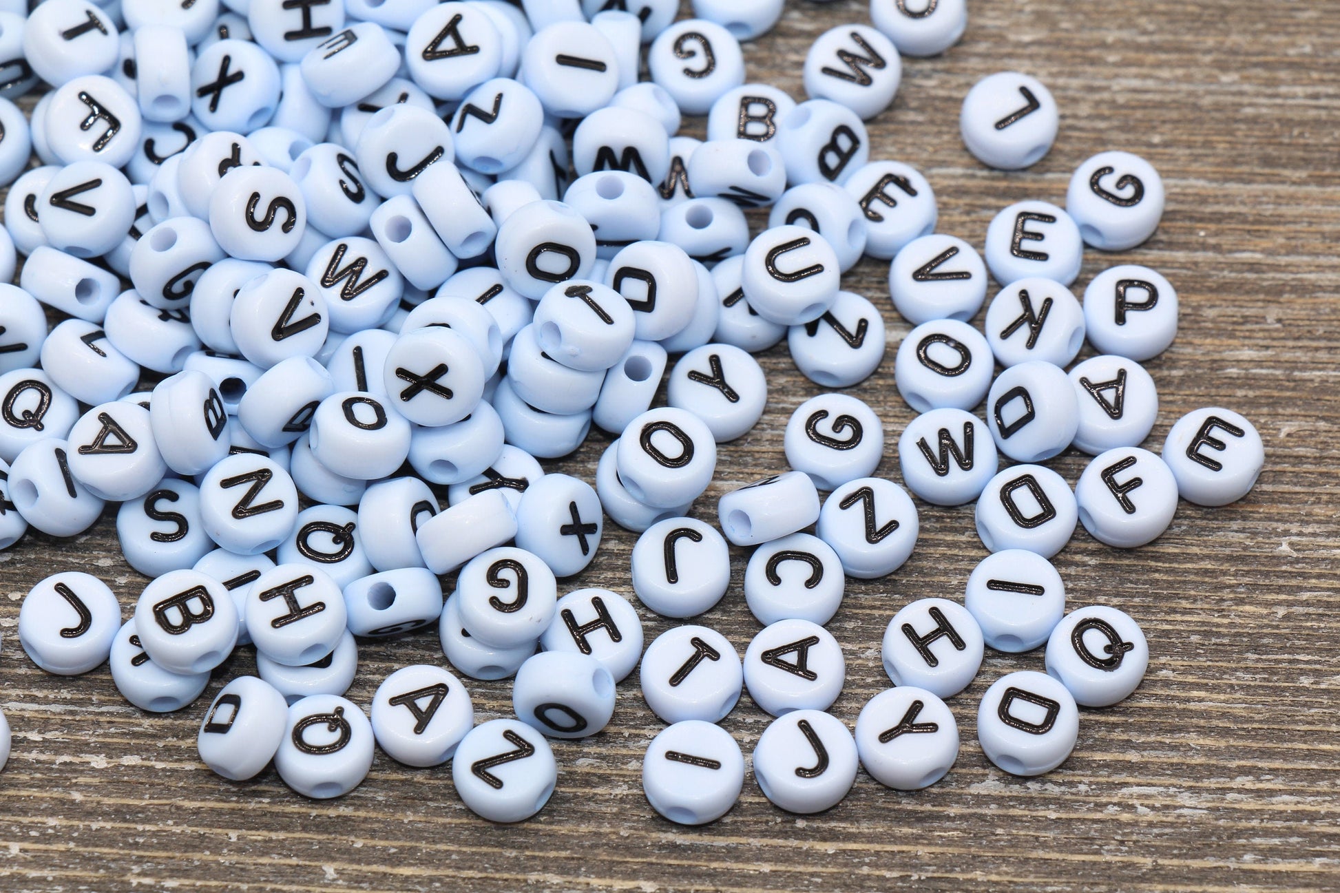 Baby Blue Alphabet Letter Beads, Acrylic Blue with Black Letters Beads, Round Acrylic Beads, ABC Letter Beads, Name Beads 7mm #9