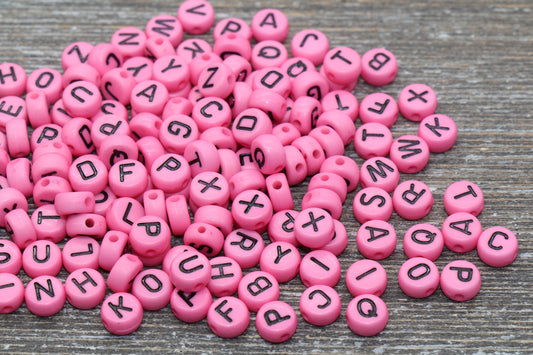 Pink Alphabet Letter Beads, Acrylic Pink with Black Letter Beads, Round Acrylic Beads, ABC Letter Beads, Plastic Name Beads, Size 7mm #1
