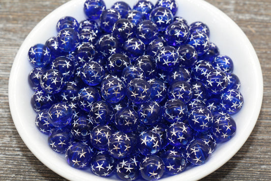 10mm Royal Blue Gumball Beads with Silver Stars, Round Acrylic Loose Beads, Bubblegum Beads, Chunky Beads, Smooth Plastic Round Beads #1188