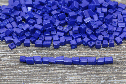 Square Glass Seed Beads, 4mm Cube Glass Beads, Royal Blue Square Seed Beads, Opaque Beads, Beading Supplies #1242