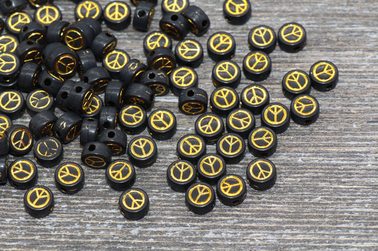 Peace Beads, Black with Gold Peace Beads, Acrylic Symbol Beads, Peace Sign Beads, Size 7mm #85