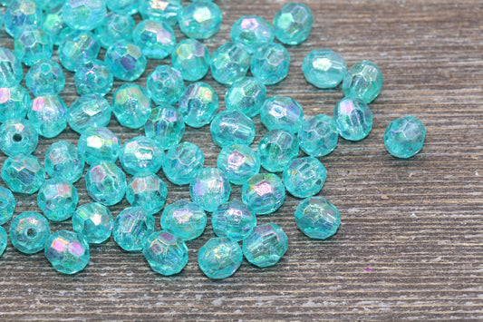 8mm Sea Green AB Faceted Gumball Beads, Translucent Iridescent Faceted Acrylic Loose Beads, Bubblegum Beads, Star Cut Rainbow Beads #1257