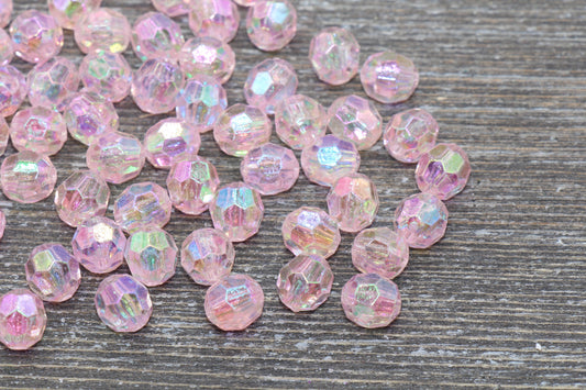 8mm Baby Pink Faceted Gumball Beads, Translucent Pink Iridescent Faceted Acrylic Loose Beads, Bubblegum Beads, Star Cut Rainbow Beads #1258