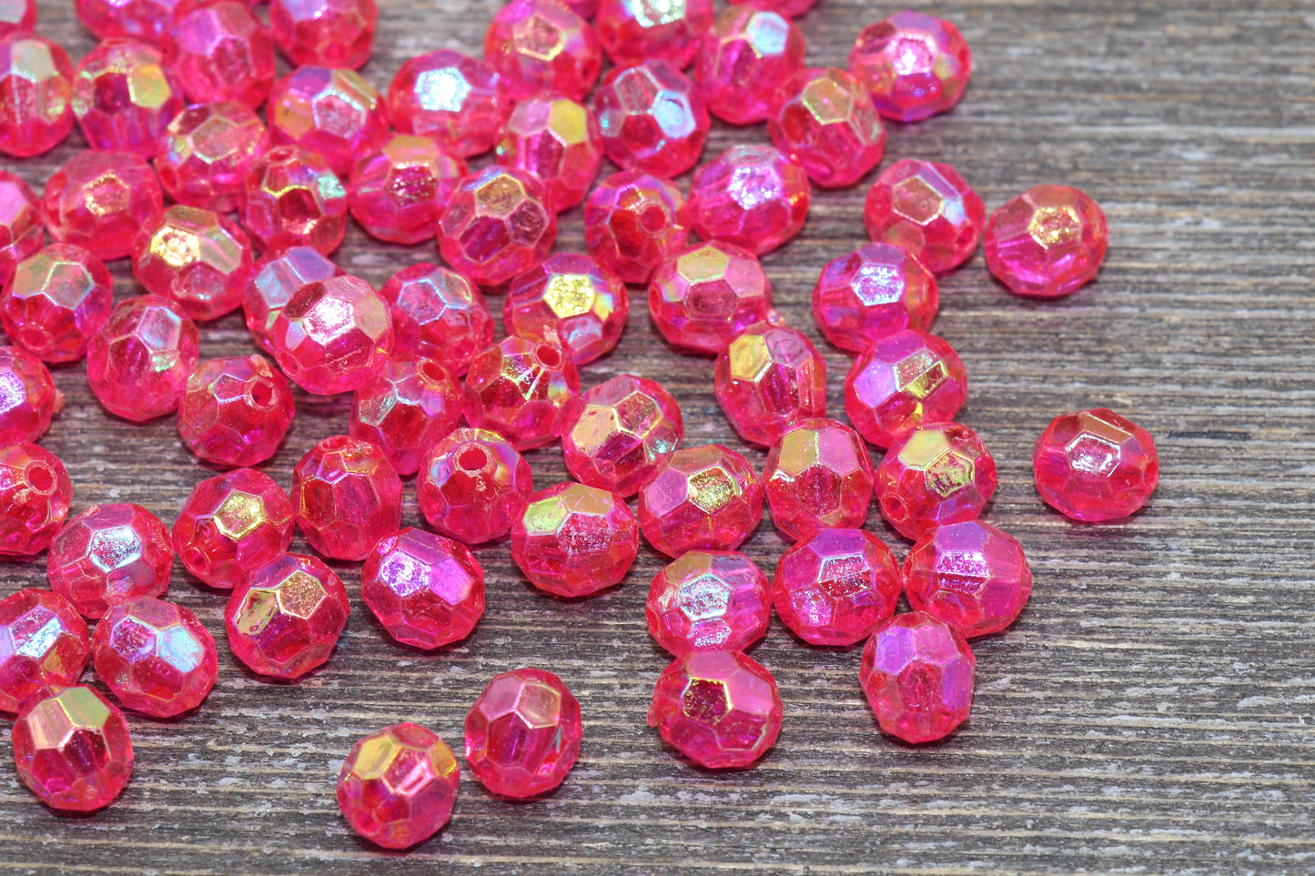 8mm Fuchsia AB Faceted Gumball Beads, Fuchsia Iridescent Faceted Acrylic Loose Beads, Bubblegum Beads, Star Cut Rainbow Beads #1262