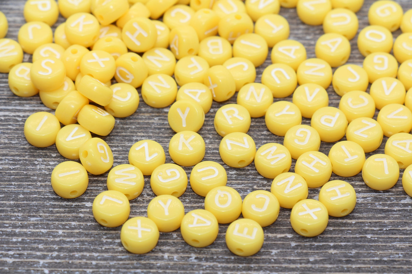 Yellow Alphabet Letter Beads, Acrylic Yellow and White Letter Beads, Flat Round Acrylic Letter Beads, Initial Beads, Name Beads 7mm #43