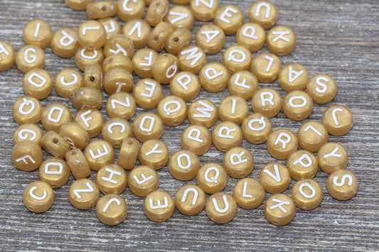 Gold Alphabet Letter Beads, Acrylic Gold with White Letters, Round Acrylic Beads, ABC Letter Beads, Name Beads, 7mm #17