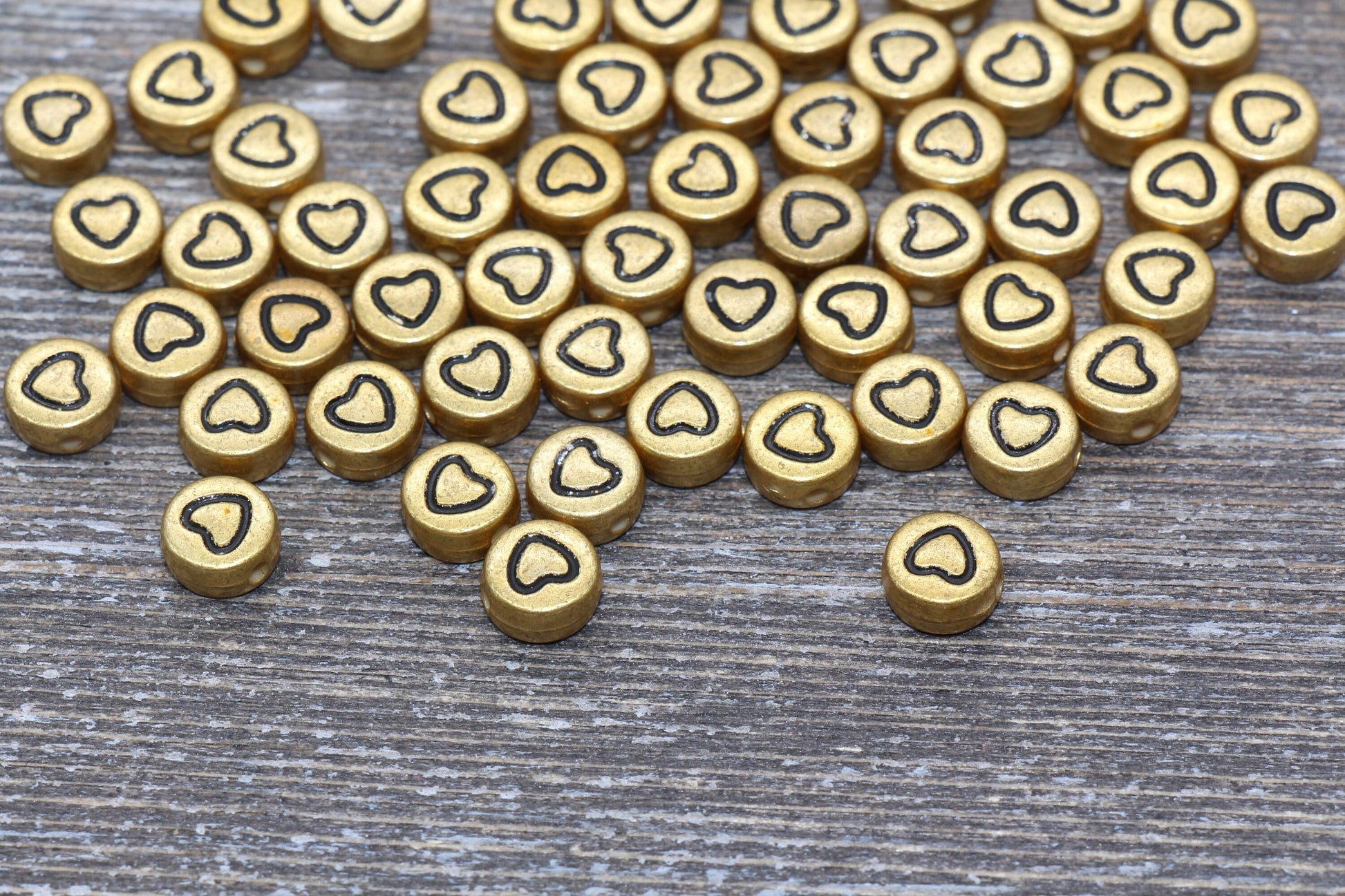 Gold Heart Beads, Acrylic Gold Heart Beads, Plastic Heart Beads, Acrylic Symbol Beads, Outline Heart Beads, Size 7mm #52