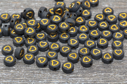 Gold Heart Beads, Acrylic Black Beads with Gold Hearts, Plastic Heart Beads, Acrylic Heart Symbol Beads, Outline Heart Beads, Size 7mm #54