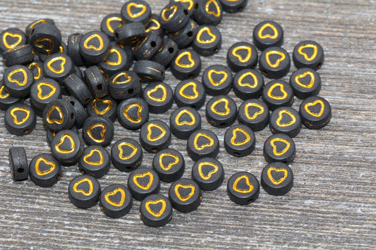 Gold Heart Beads, Acrylic Black Beads with Gold Hearts, Plastic Heart Beads, Acrylic Heart Symbol Beads, Outline Heart Beads, Size 7mm #54