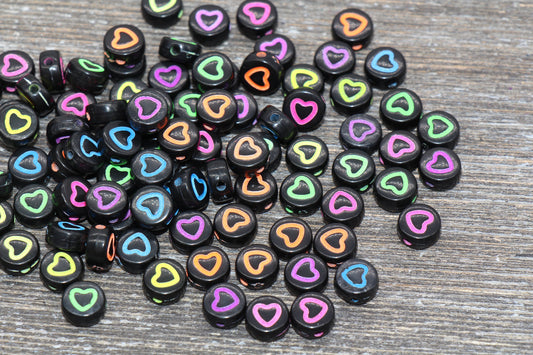 Black Multicolored Outline Heart Beads, Acrylic Heart Beads, Rainbow Heart Beads, Acrylic Heart Symbol Beads, Size 7mm #55