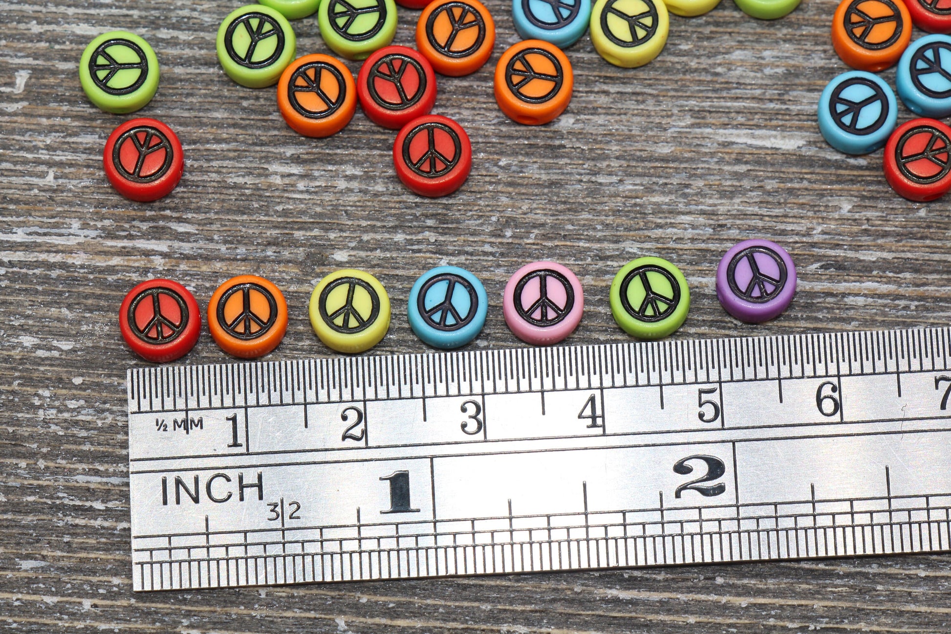 Multicolored Peace Beads, Acrylic Multicolored Peace Symbol Beads, Black Peace Beads, Acrylic Symbol Beads, Size 7mm #51