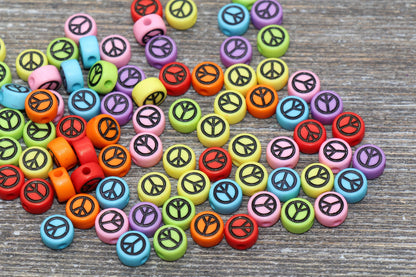 Multicolored Peace Beads, Acrylic Multicolored Peace Symbol Beads, Black Peace Beads, Acrylic Symbol Beads, Size 7mm #51