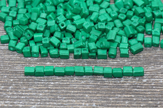 Square Glass Seed Beads, 4mm Cube Glass Beads, Green Square Seed Beads, Opaque Beads, Beading Supplies #1240