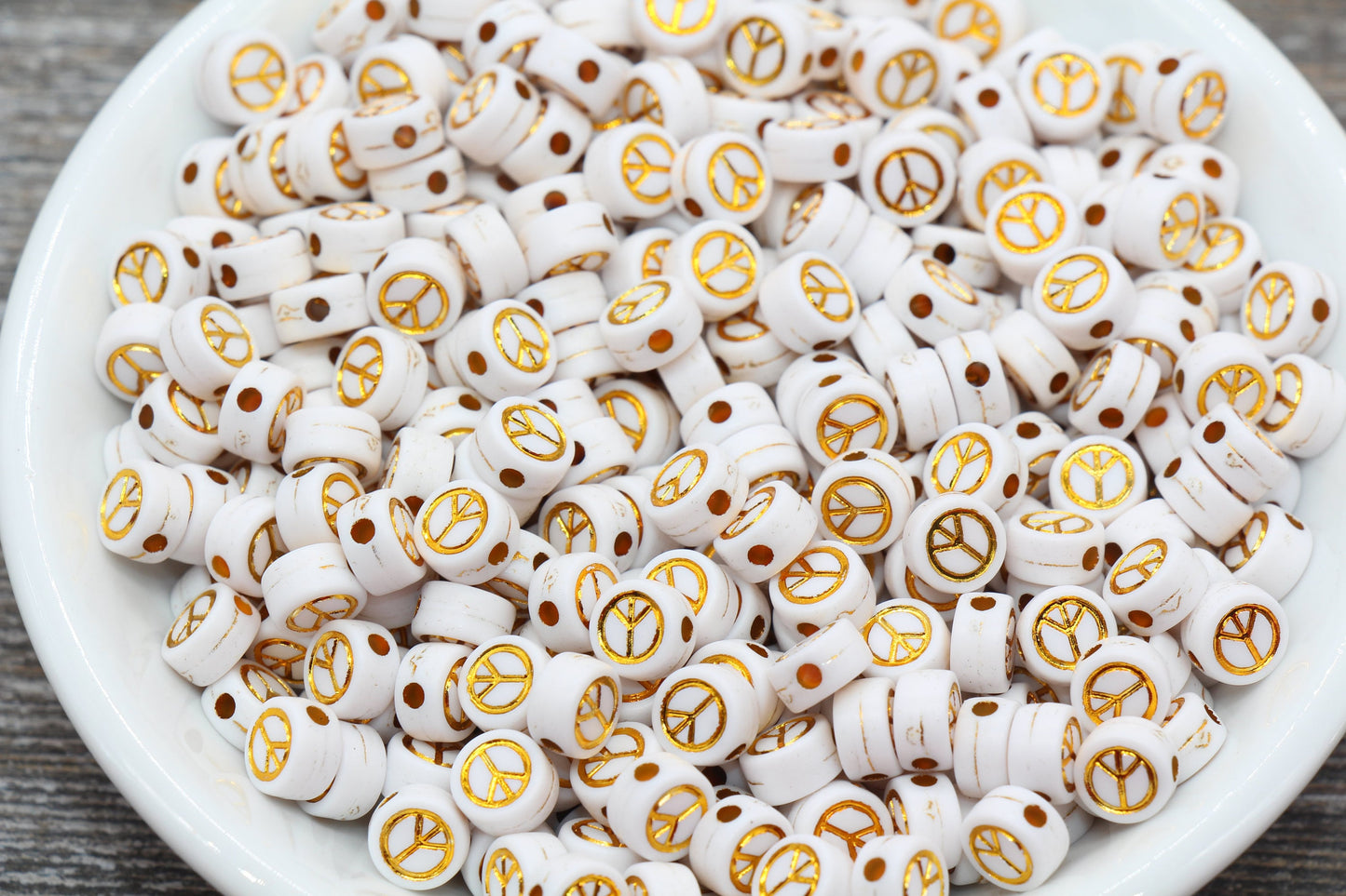 Peace Beads, Round Peace Beads, White with Gold Peace Beads, Gold Peace Beads, Acrylic Symbol Beads, Peace Sign Beads, Size 7mm #211