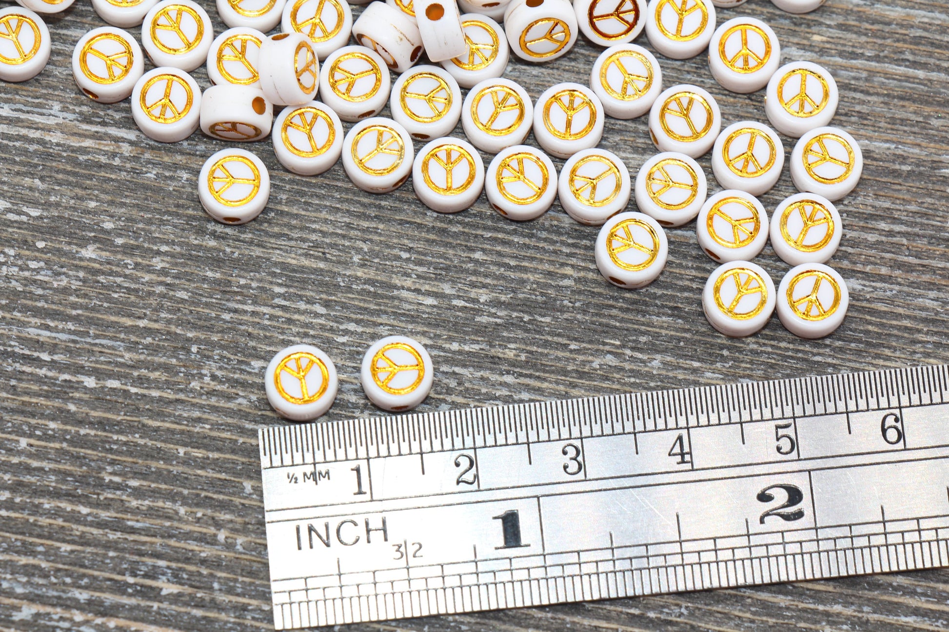 Peace Beads, Round Peace Beads, White with Gold Peace Beads, Gold Peace Beads, Acrylic Symbol Beads, Peace Sign Beads, Size 7mm #211