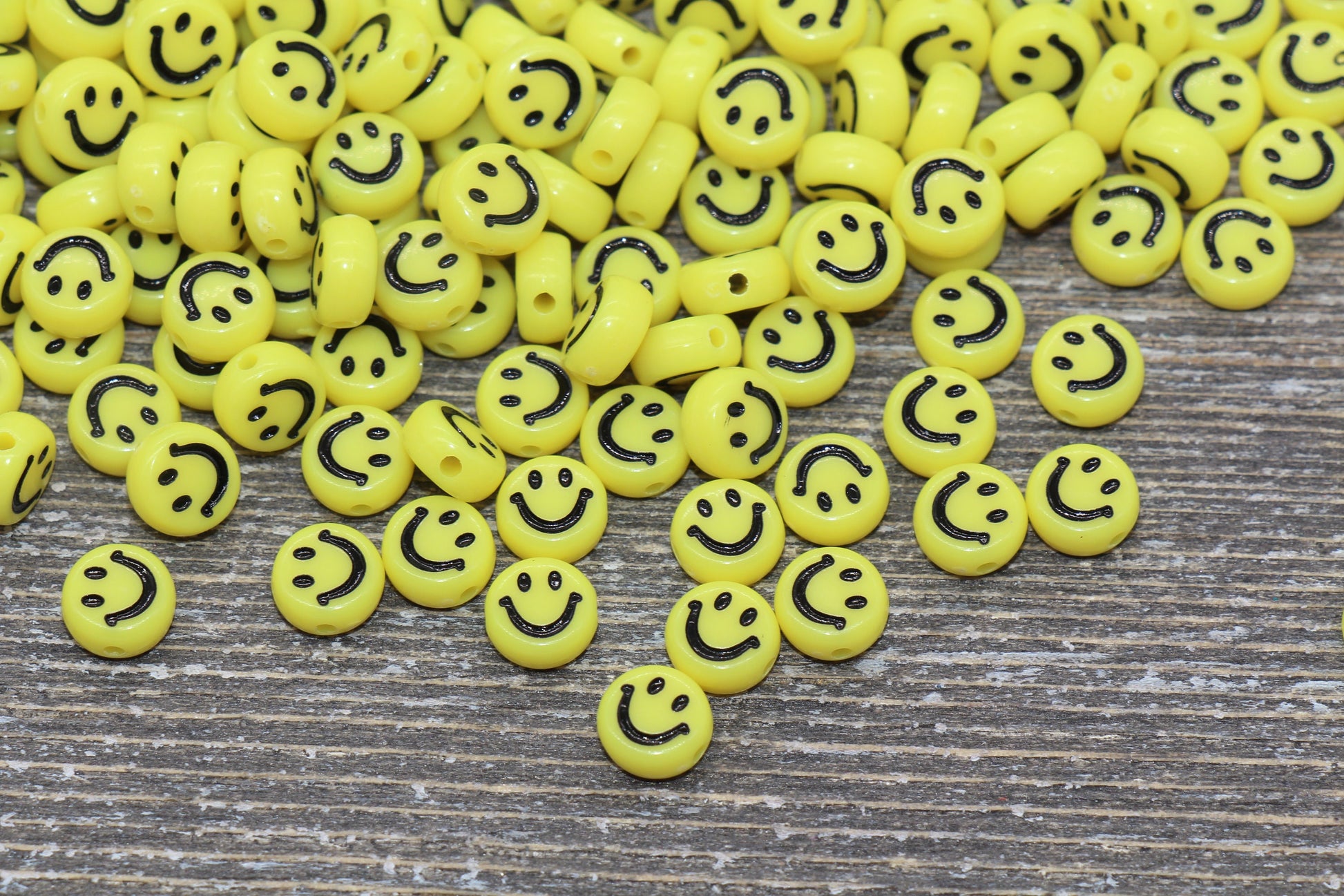 Smiley Face Round Beads, Yellow Emoji Beads, Happy Face Beads, Plastic Round Beads Size 7mm #366