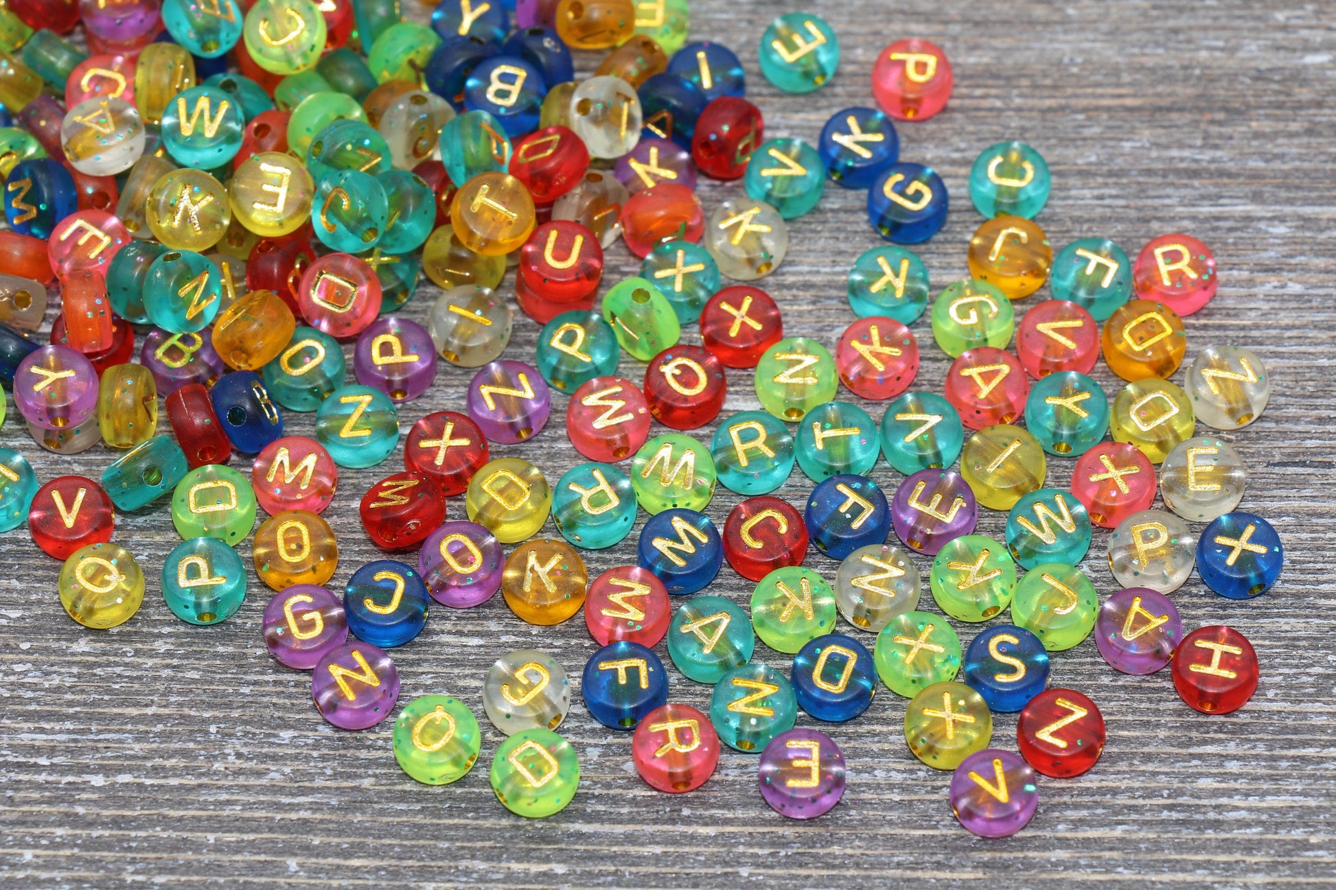 Multicolored Glitter Alphabet Letter Beads, Glitter Translucent Beads with Gold Letters, Rainbow Glitter Letter Beads, Name Beads 7mm #369