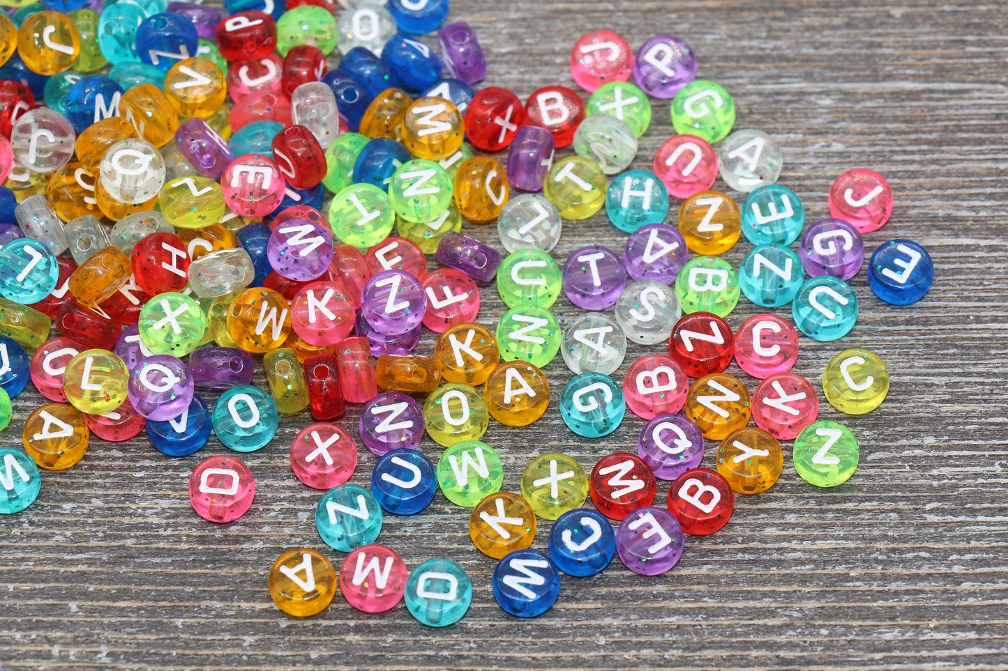 Glitter Alphabet Letter Beads, Mix Glitter Translucent Beads with White Letters, Rainbow Glitter Letter Beads, Name Initial Beads, 7mm #370