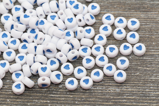 Blue Heart Beads, Round Heart Beads, White Beads with Blue Heart Symbol, Plastic Heart Beads, Acrylic Heart Symbol Beads, Size 7mm #846