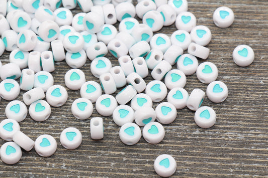 Aqua Blue Heart Beads, White Beads with Blue Hearts Beads, Plastic Heart Beads, Round Beads, Acrylic Heart Symbol Beads, Size 7mm #109