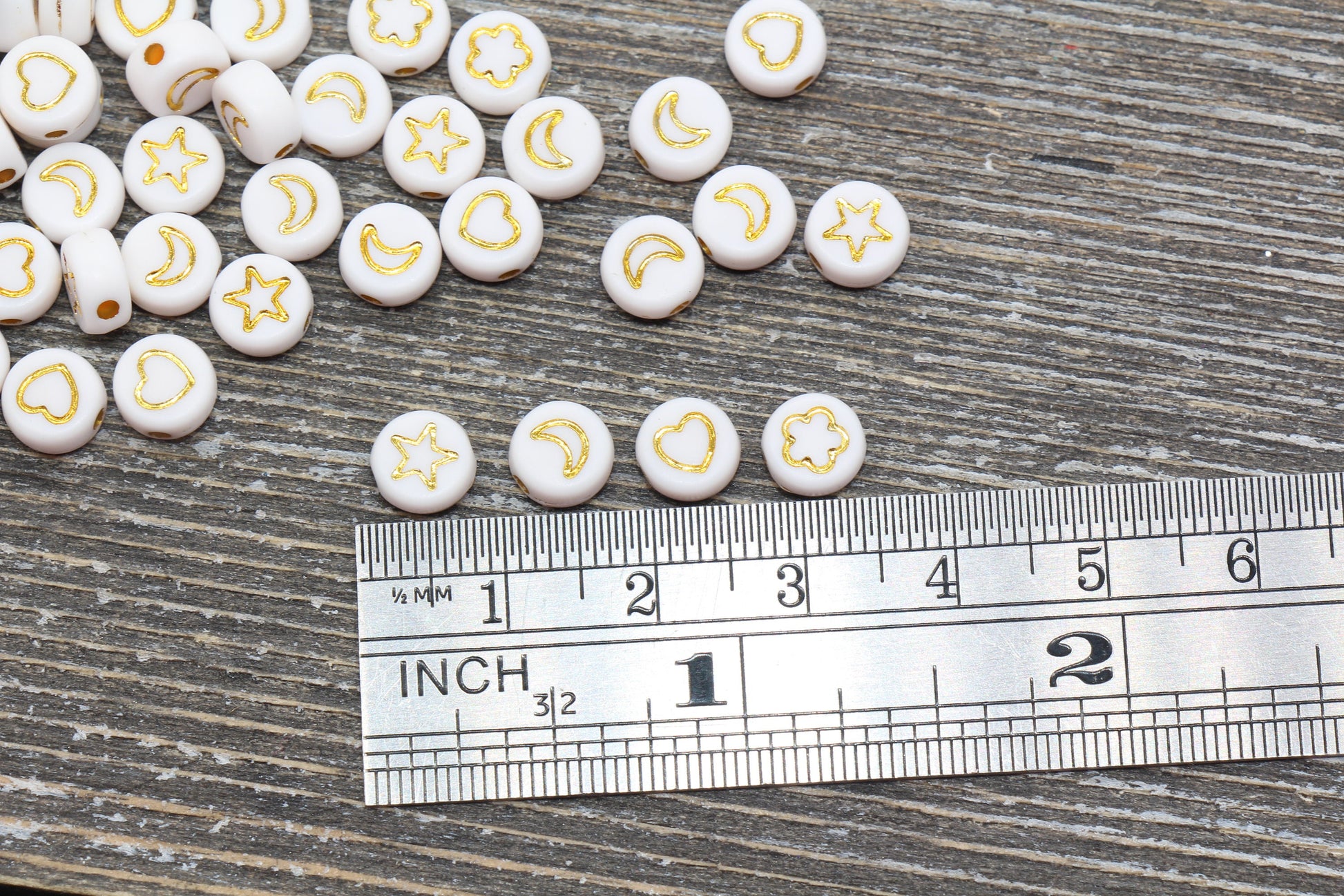 Heart, Star, Flower, and Moon Beads, Acrylic White with Gold Symbol Beads, Moon and Star Beads, Acrylic Jewelry Beads, Size 7mm #87