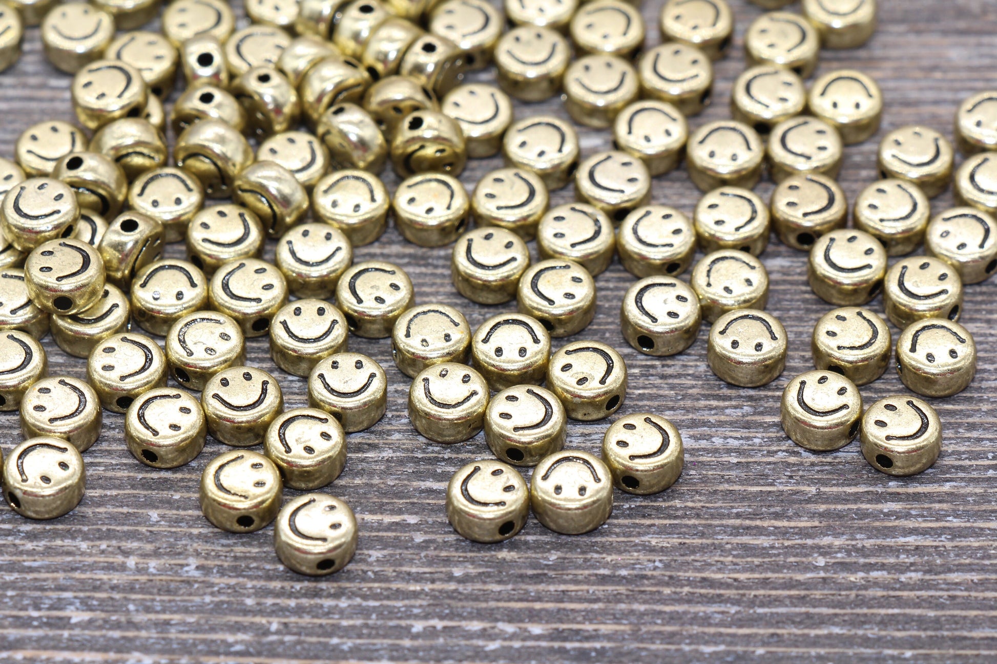 Gold Smiley Face Round Beads, Emoji Beads, Happy Face Beads, Plastic Round Beads Size 7mm #1300