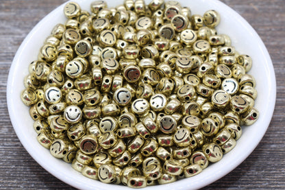 Gold Smiley Face Round Beads, Emoji Beads, Happy Face Beads, Plastic Round Beads Size 7mm #1300