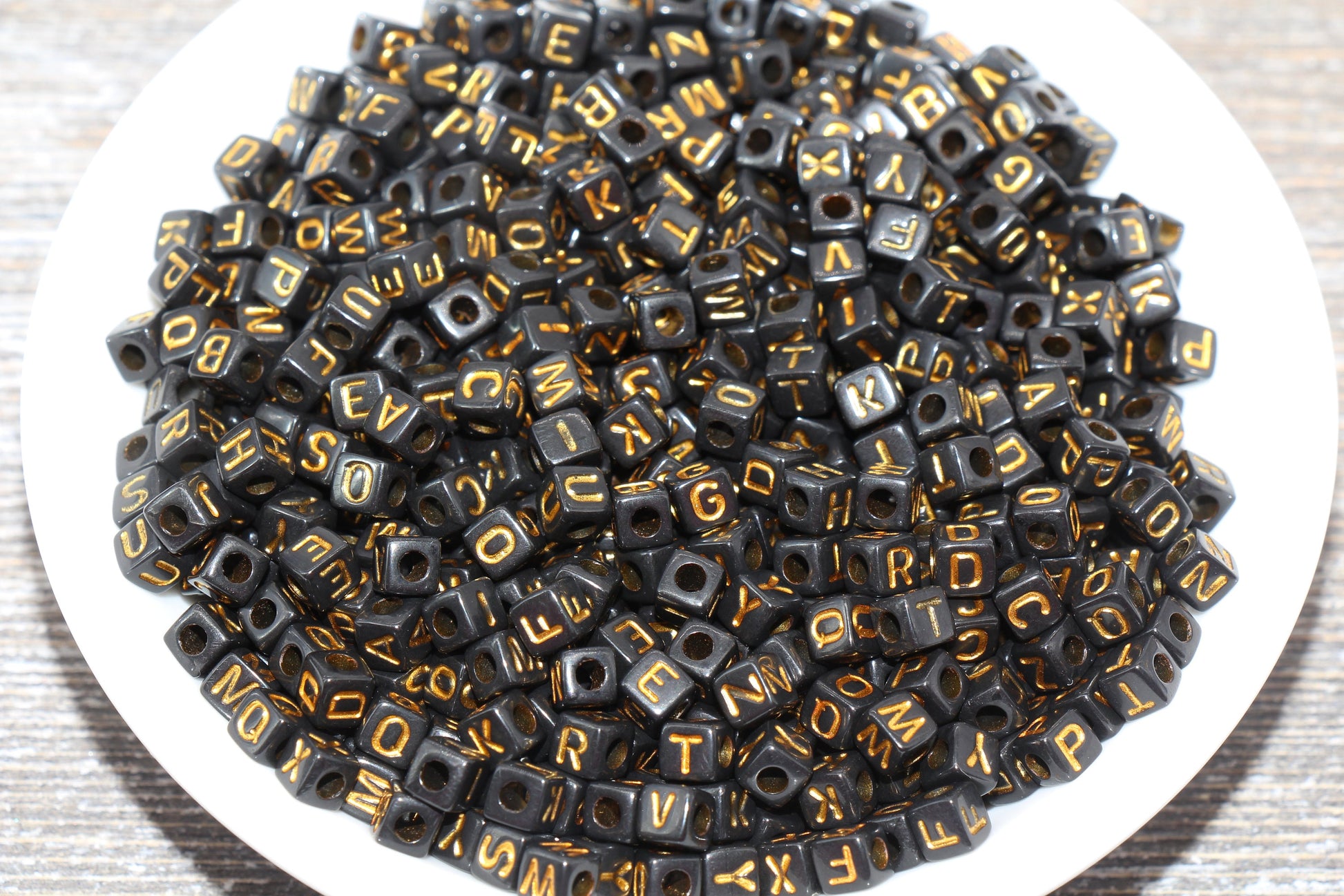 Gold Cube Alphabet Letter Beads, Black with Gold Letter Beads, Plastic Letter Beads, Acrylic Square Name Beads, Size 4.8mm #1302