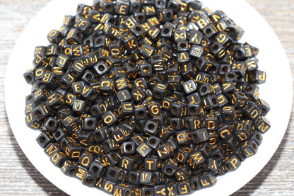 Gold Cube Alphabet Letter Beads, Black with Gold Letter Beads, Plastic Letter Beads, Acrylic Square Name Beads, Size 4.8mm #1302