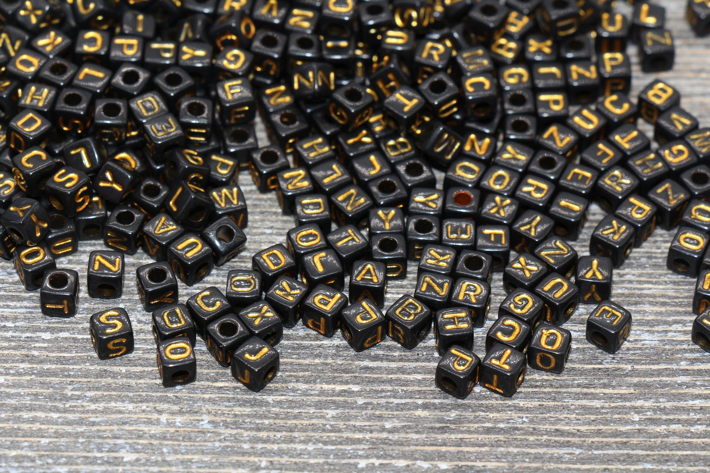 Gold Cube Alphabet Letter Beads, Black with Gold Letter Beads, Plastic Letter Beads, Acrylic Square Name Beads, Size 4.8mm #1302