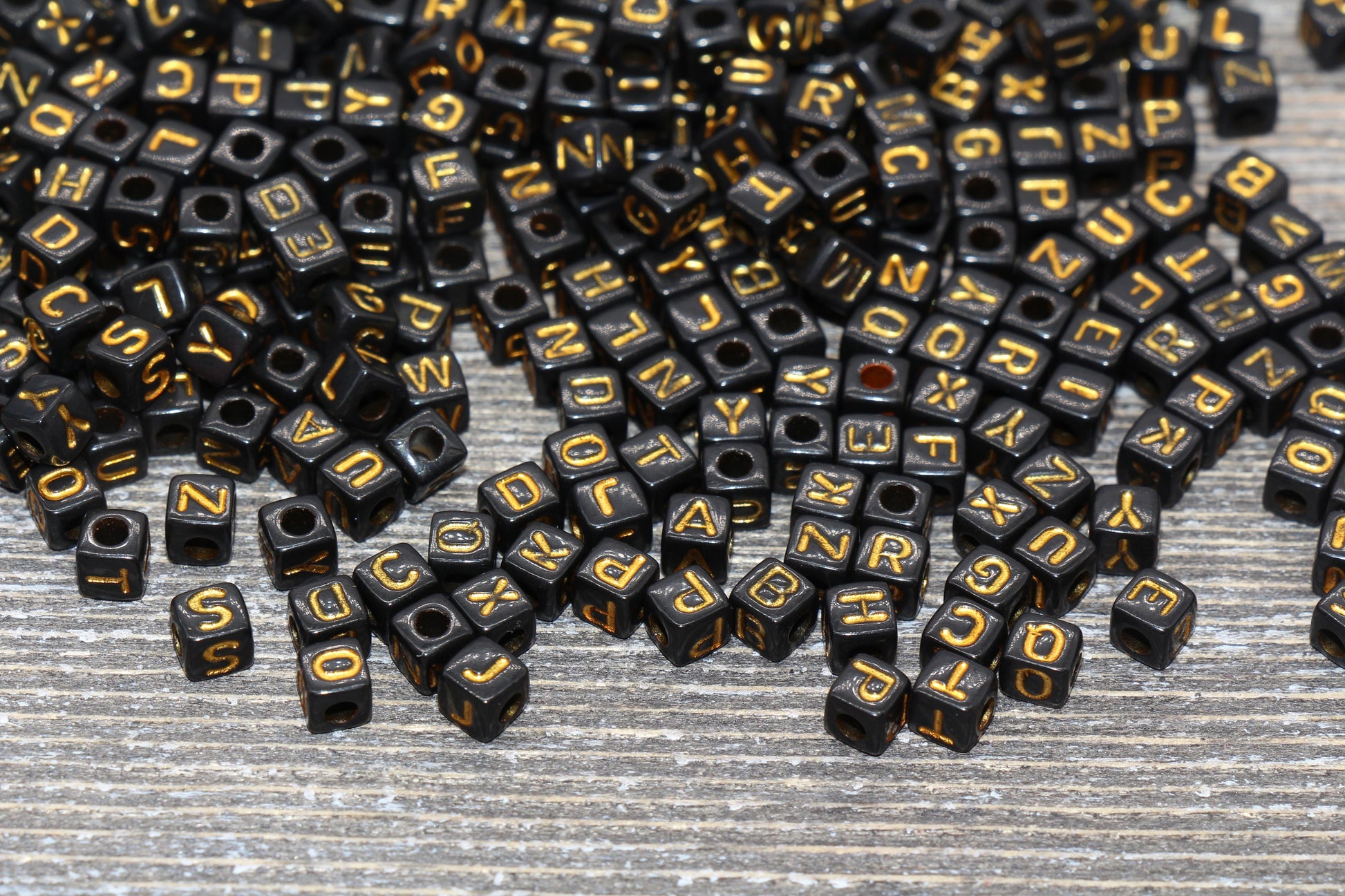 Gold Cube Alphabet Letter Beads, Black with Gold Letter Beads, Plastic Letter Beads, Acrylic Square Name Beads, Size 4.8mm #1302