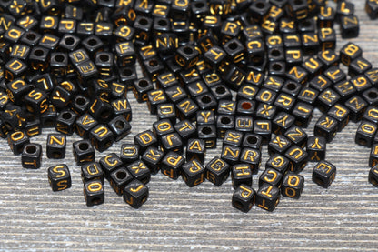 Gold Cube Alphabet Letter Beads, Black with Gold Letter Beads, Plastic Letter Beads, Acrylic Square Name Beads, Size 4.8mm #1302