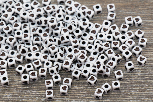 Cube Heart Beads, White with Black Heart Beads, Plastic Heart Beads, Acrylic Square Symbol Beads, Size 5mm #1304