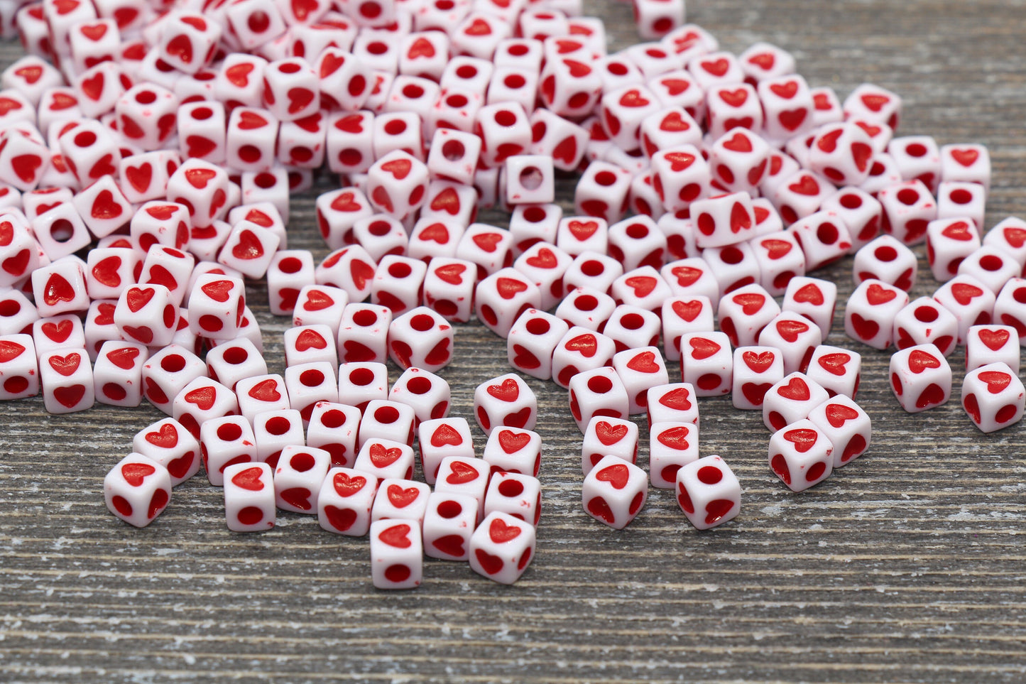 Cube Red Heart Beads, White with Red Heart Beads, Plastic Heart Beads, Acrylic Square Symbol Beads, Size 5mm #1305