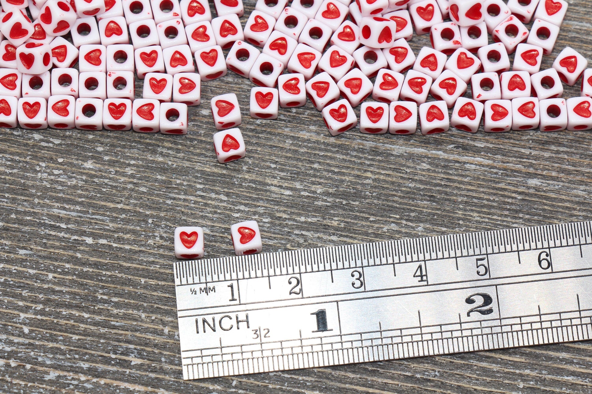 Cube Red Heart Beads, White with Red Heart Beads, Plastic Heart Beads, Acrylic Square Symbol Beads, Size 5mm #1305