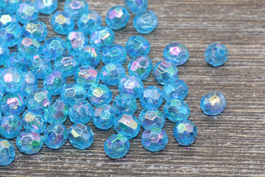 8mm Blue AB Faceted Gumball Beads, Translucent Blue Iridescent Faceted Acrylic Loose Beads, Bubblegum Beads, Star Cut Rainbow Beads #1256