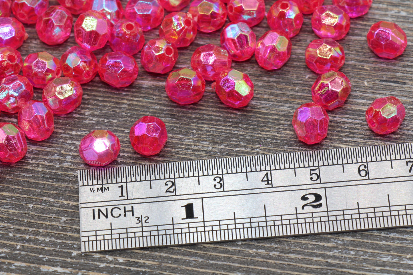 8mm Fuchsia AB Faceted Gumball Beads, Fuchsia Iridescent Faceted Acrylic Loose Beads, Bubblegum Beads, Star Cut Rainbow Beads #1262