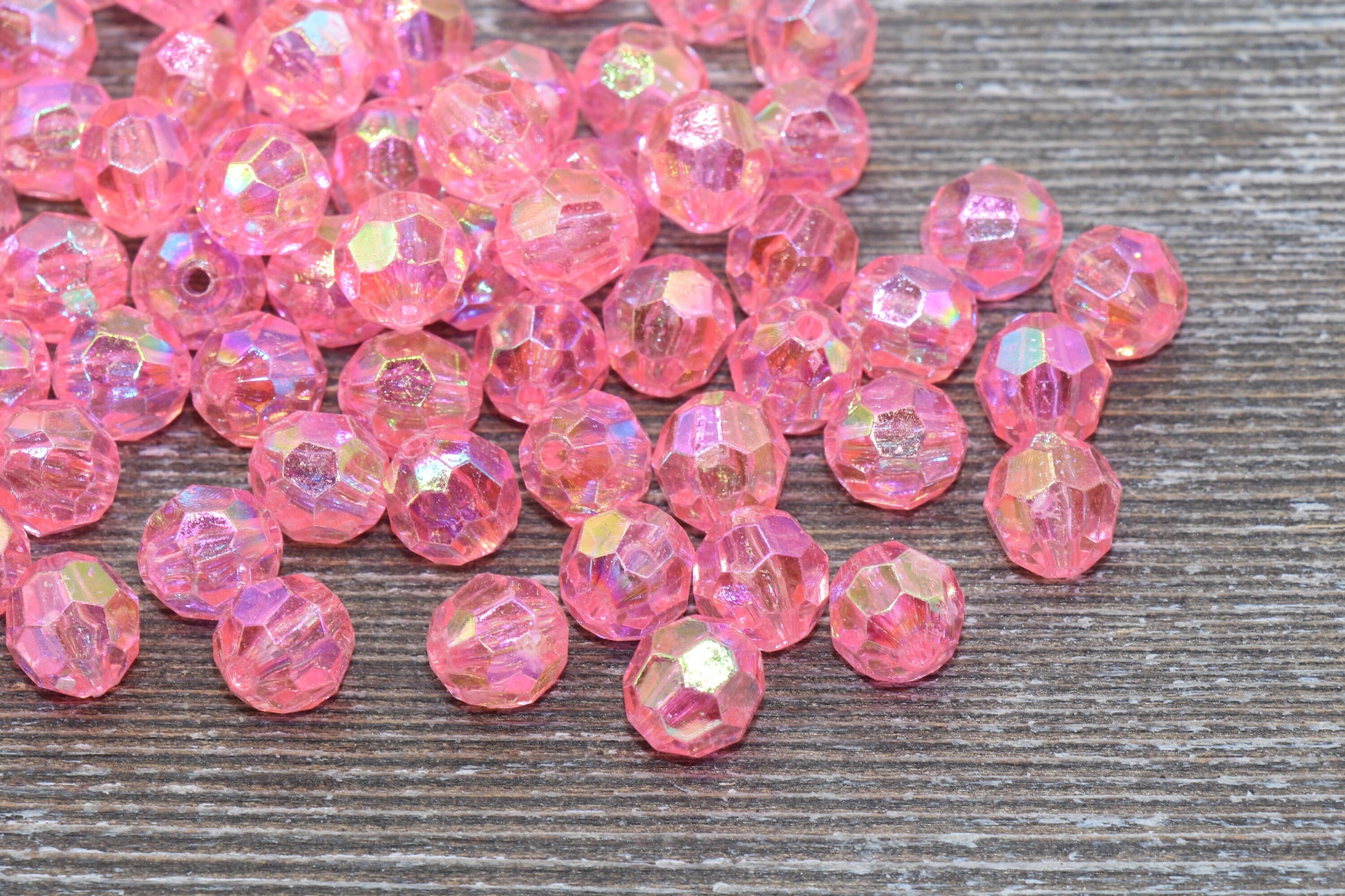 10mm Pink AB Faceted Gumball Beads, Pink Iridescent Faceted Round Acrylic Loose Beads, Bubblegum Beads, Star Cut Rainbow Beads#1268