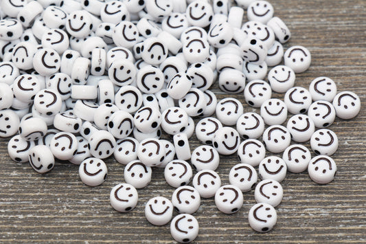 White Smiley Face Round Beads, Emoji Beads, Happy Face Beads, Plastic Round Beads Size 7mm #1317