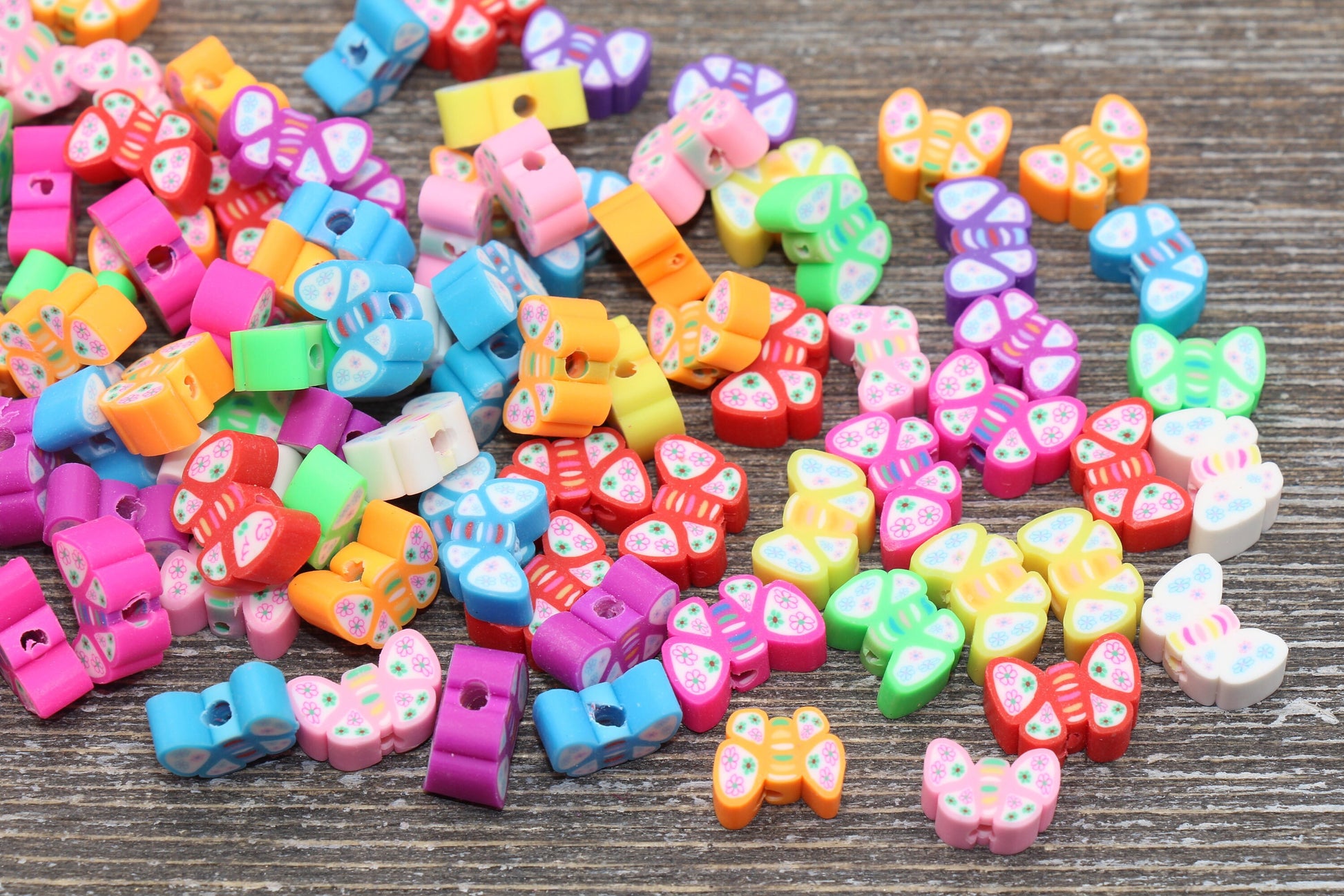 Butterfly Polymer Clay Beads, Butterflies Printed Fimo Cane Beads, Assorted Butterfly Beads, Rainbow Butterfly Slice Beads