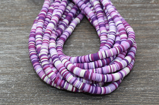 6mm Purple and White Polymer Clay Disc Beads, Multicolored Heishi Beads, African Disc Beads, Wholesale Vinyl Heishi, 16 inch Strand #17