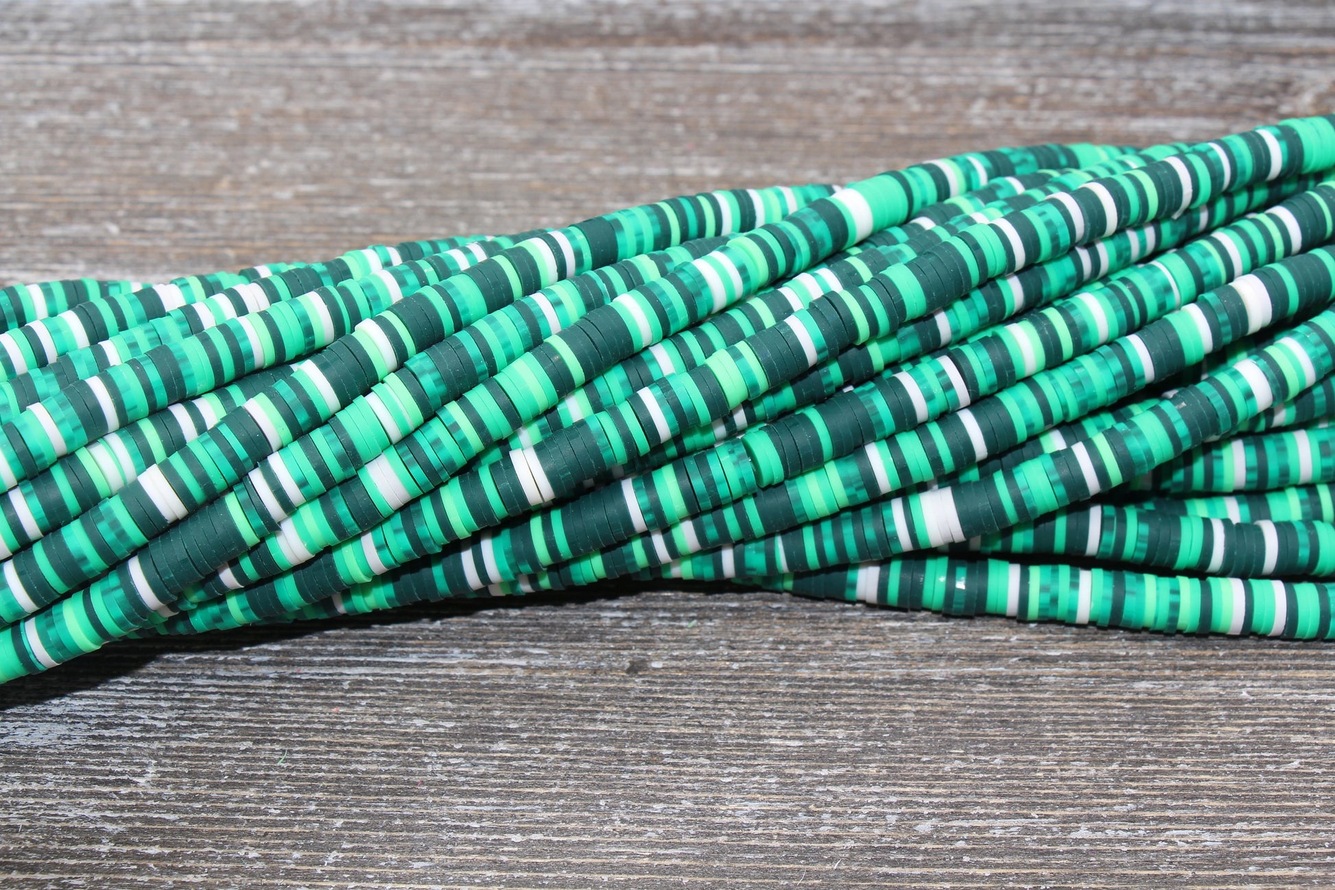 6mm Multicolored Polymer Clay Disc Beads, Green and White Mixed Color Heishi Beads, African Disc Beads, Vinyl Heishi, 16 inch Strand #42