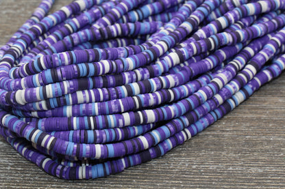 6mm Multicolored Polymer Clay Disc Beads, Purple, Black and White Mixed Heishi Beads, African Disc Beads, Vinyl Heishi, 16 inch Strand #491