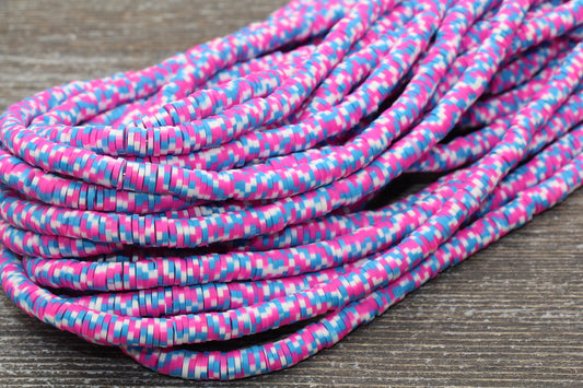 6mm Multicolored Speckled Heishi Beads, Pink, Blue and White Polymer Clay Disc Beads, African Disc Beads, Vinyl Heishi, 16 inch Strand #33