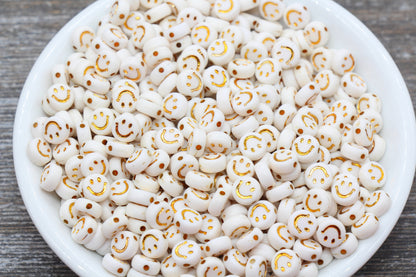 Smiley Face Round Beads, White with Gold Emoji Beads, Happy Face Beads, Plastic Round Beads Size 7mm #367