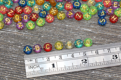 Multicolored Glitter Alphabet Letter Beads, Glitter Translucent Beads with Gold Letters, Rainbow Glitter Letter Beads, Name Beads 7mm #369