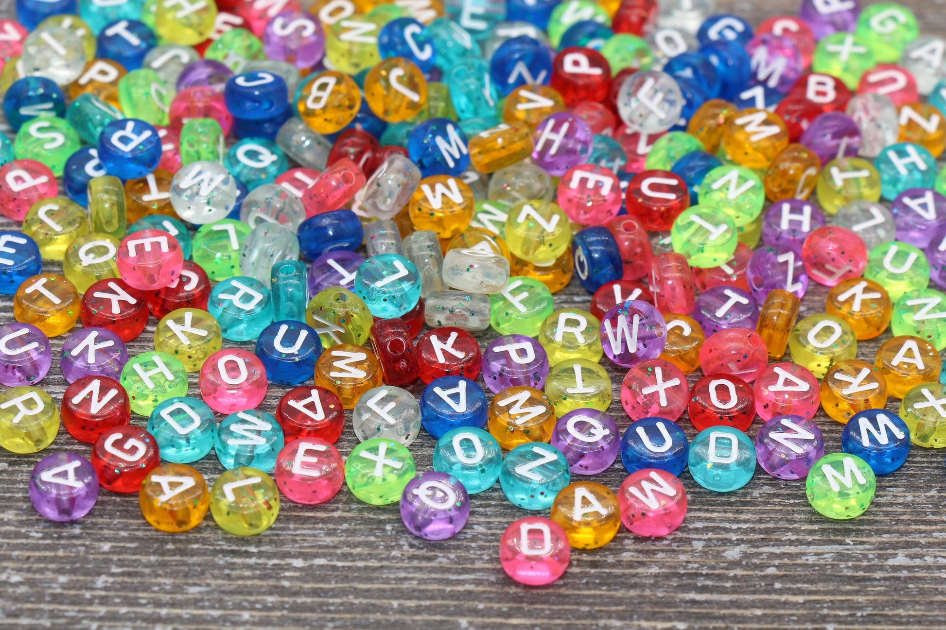 Glitter Alphabet Letter Beads, Mix Glitter Translucent Beads with White Letters, Rainbow Glitter Letter Beads, Name Initial Beads, 7mm #370