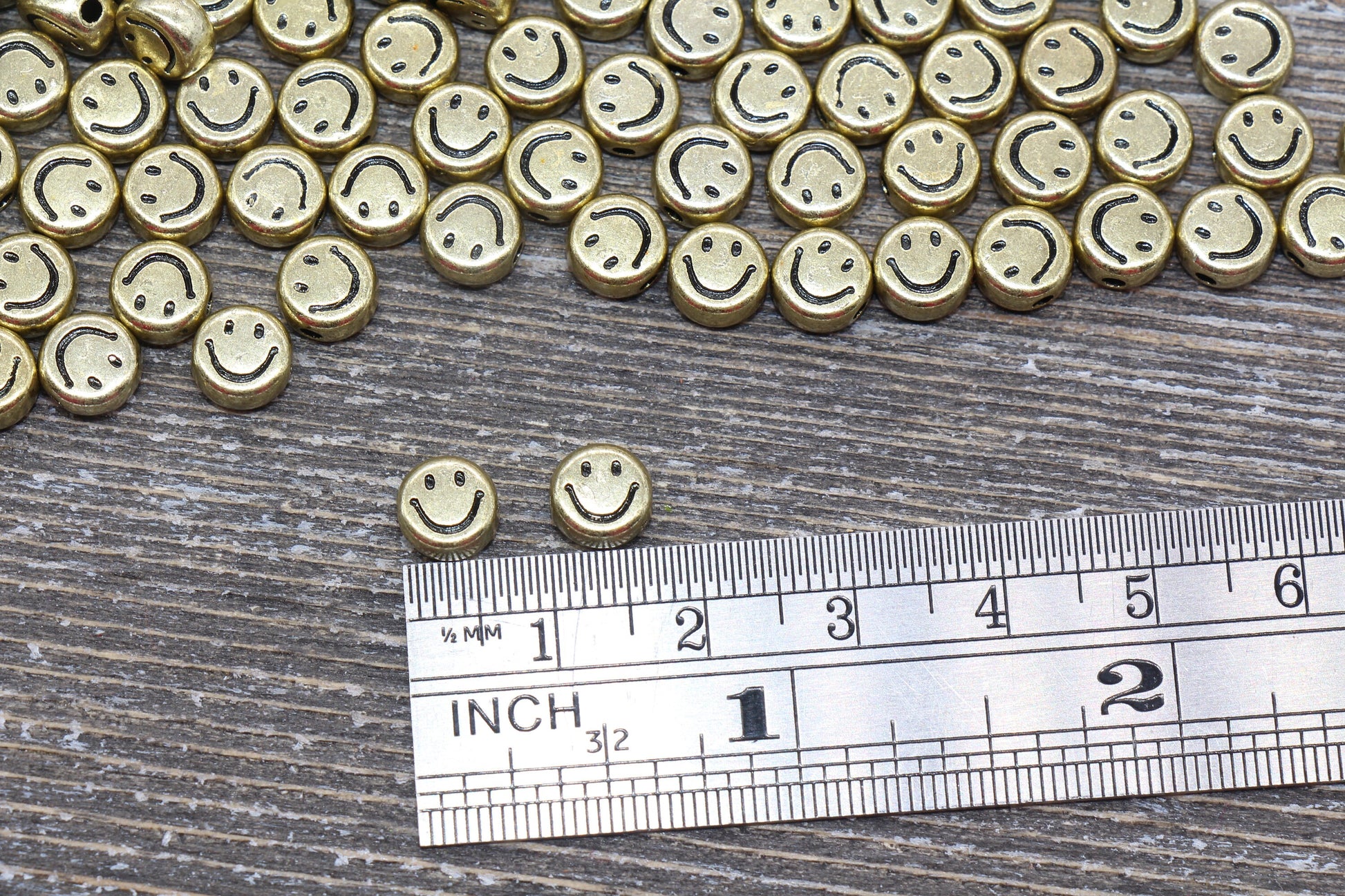 Gold Smiley Face Round Beads, Emoji Beads, Happy Face Beads, Plastic Round Beads Size 7mm #1300