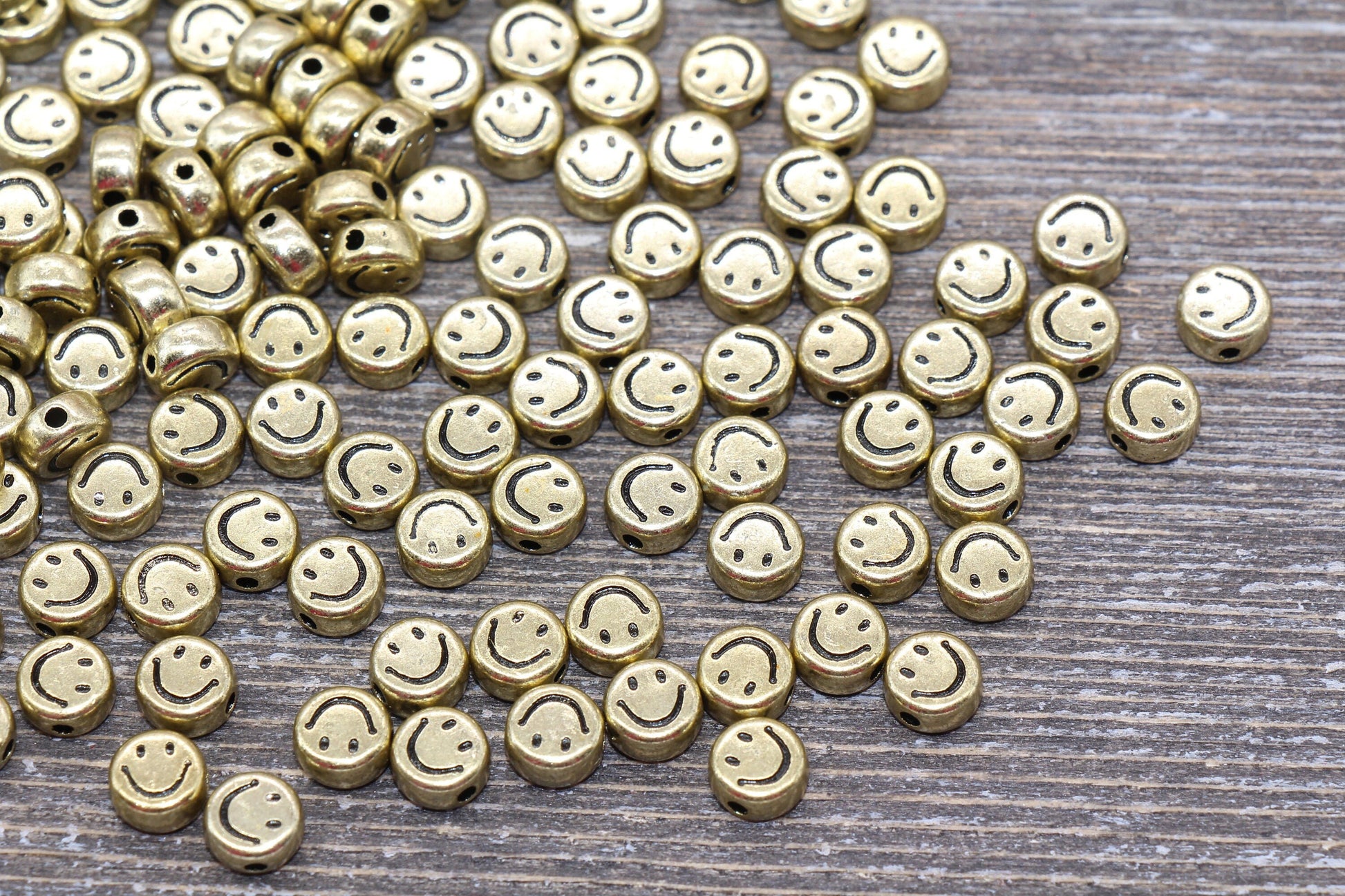 Gold Smiley Face Round Beads, Emoji Beads, Happy Face Beads, Plastic Round Beads Size 7mm #1300