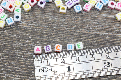 Multicolored Cube Alphabet Letter Beads, White with Rainbow Letter Beads, Plastic Letter Beads, Acrylic Square Name Beads, Size 4.8mm #1301